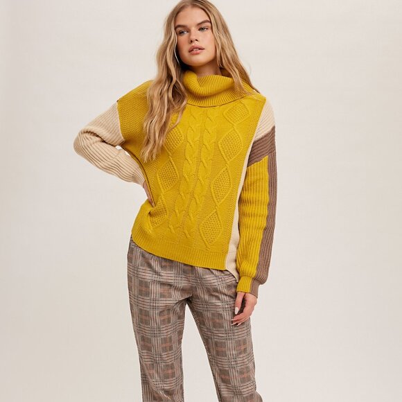 HEM & THREAD Mustard Brown Cream Colorblock Turtleneck Sweater, Chunky Cable - Picture 3 of 9